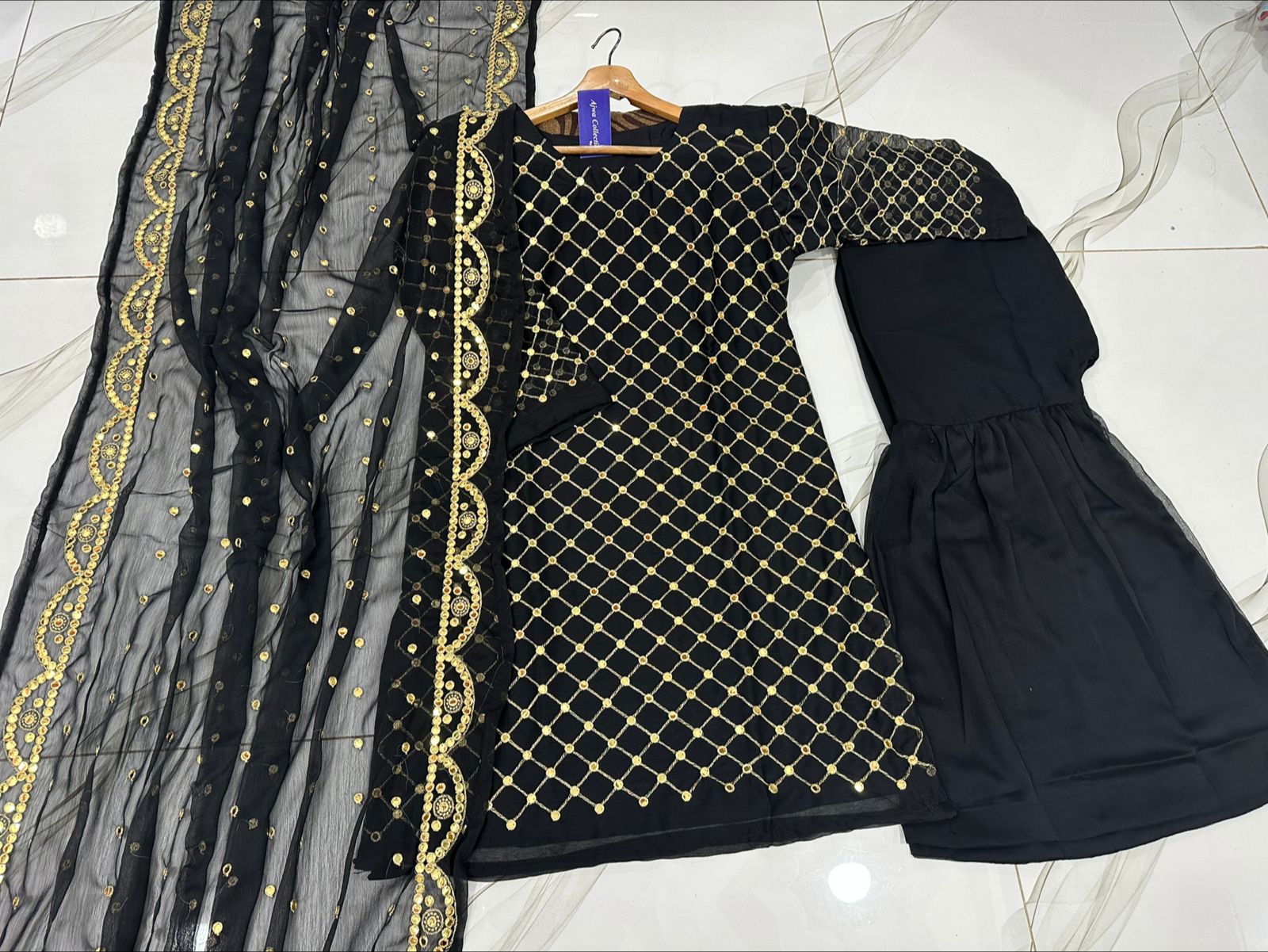 Women 9mm sequence embroidered chiffon shirt with garara and cut work dupatta 3 piece stitched suit