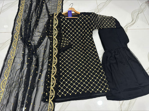 Women 9mm sequence embroidered chiffon shirt with garara and cut work dupatta 3 piece stitched suit